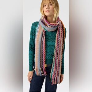 Missoni Multicolor Zigzag Knit Scarf with Fringes 75”x20”.